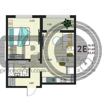 Миниатюра 1-комнатная квартира, 43.87кв.м