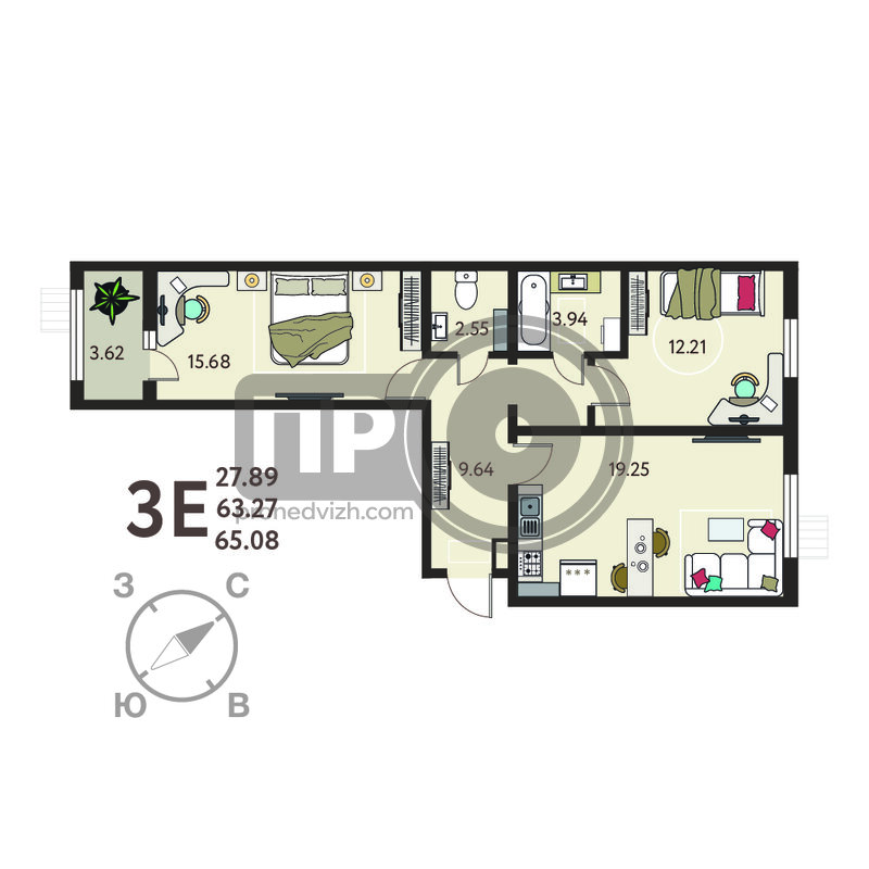 2-комнатная квартира, 65.08кв.м