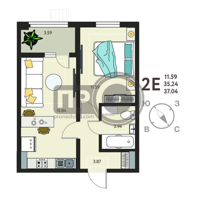 1-комнатная квартира, 37.04кв.м