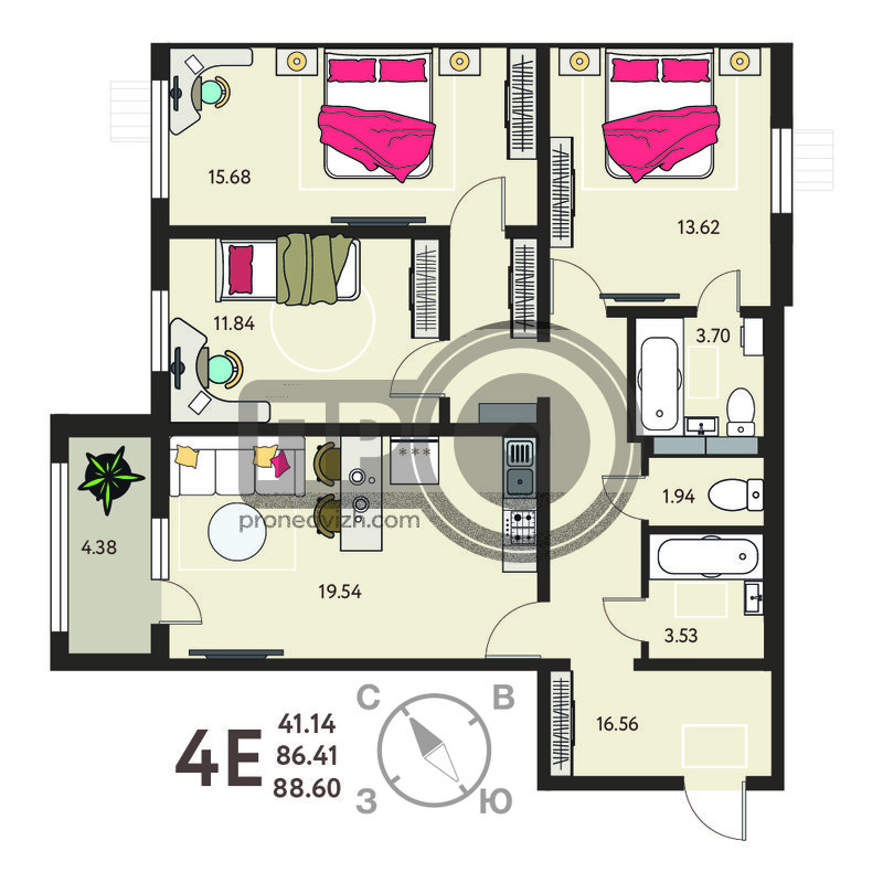 3-комнатная квартира, 88.6кв.м