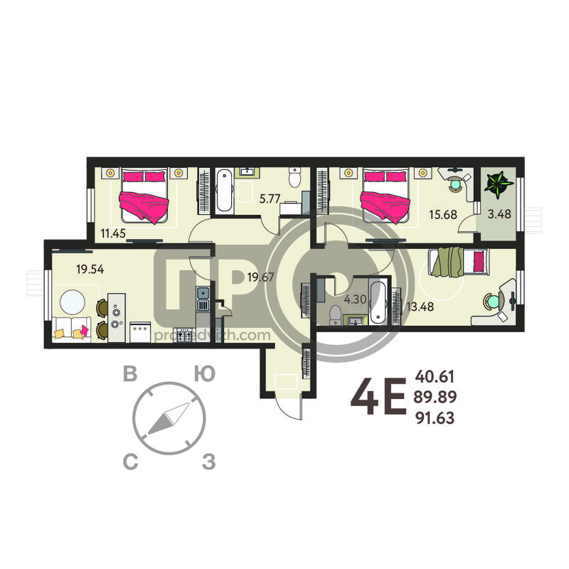 3-комнатная квартира, 91.63кв.м