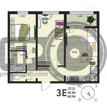 Миниатюра 2-комнатная квартира, 60.96кв.м