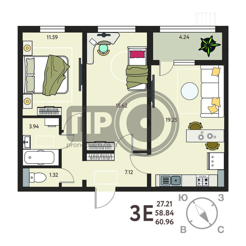 2-комнатная квартира, 60.96кв.м