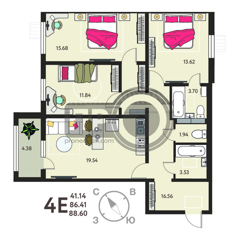 3-комнатная квартира, 88.6кв.м