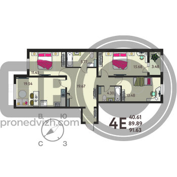 Миниатюра 3-комнатная квартира, 91.63кв.м