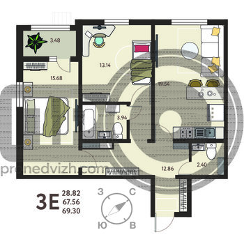Миниатюра 2-комнатная квартира, 69.3кв.м