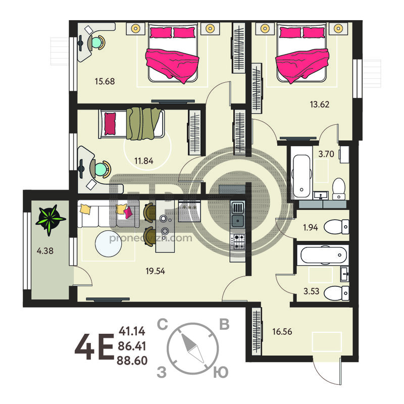 3-комнатная квартира, 88.6кв.м