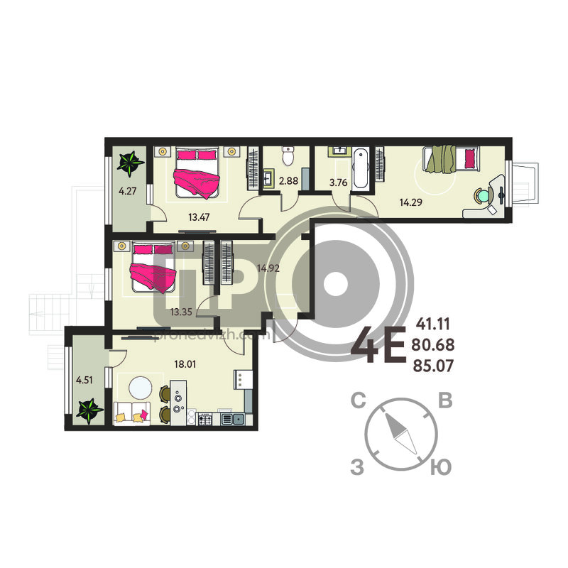 3-комнатная квартира, 85.07кв.м