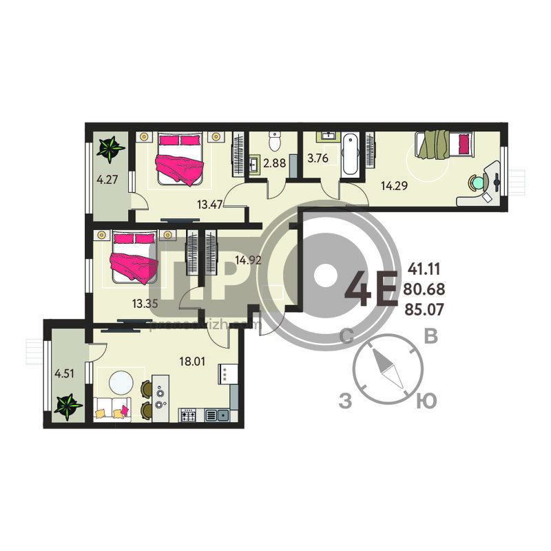 3-комнатная квартира, 85.07кв.м