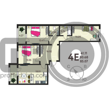 Миниатюра 3-комнатная квартира, 85.07кв.м