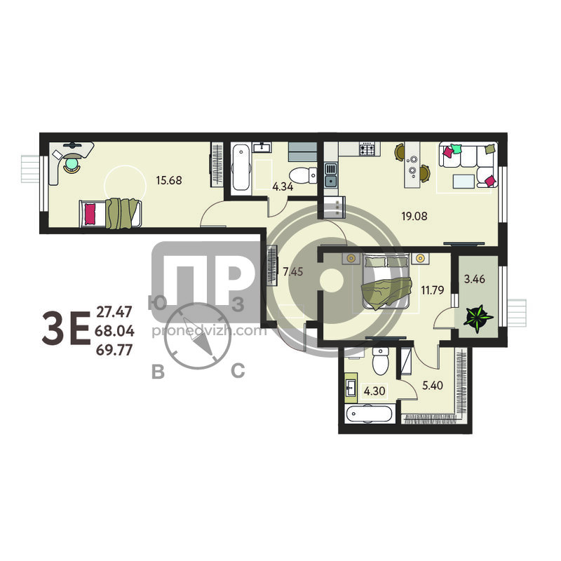 2-комнатная квартира, 69.77кв.м