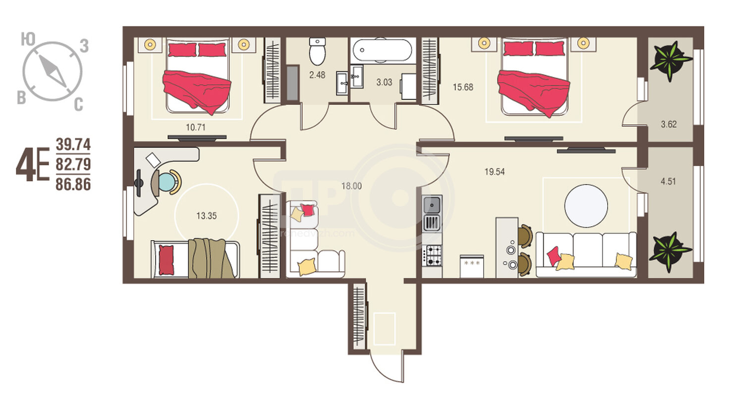 3-комнатная квартира, 86.86кв.м