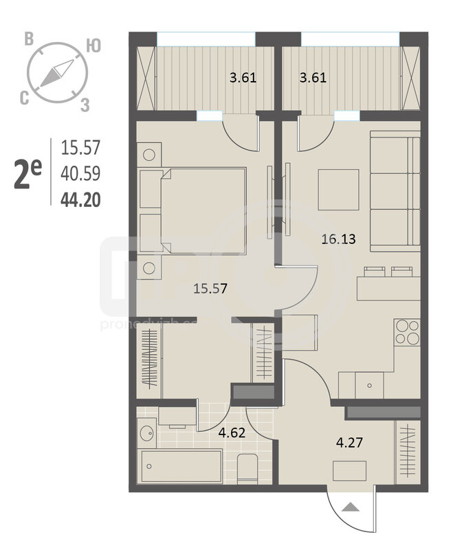 1-комнатная квартира, 44.2кв.м