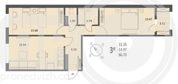 Миниатюра 2-комнатная квартира, 66.73кв.м