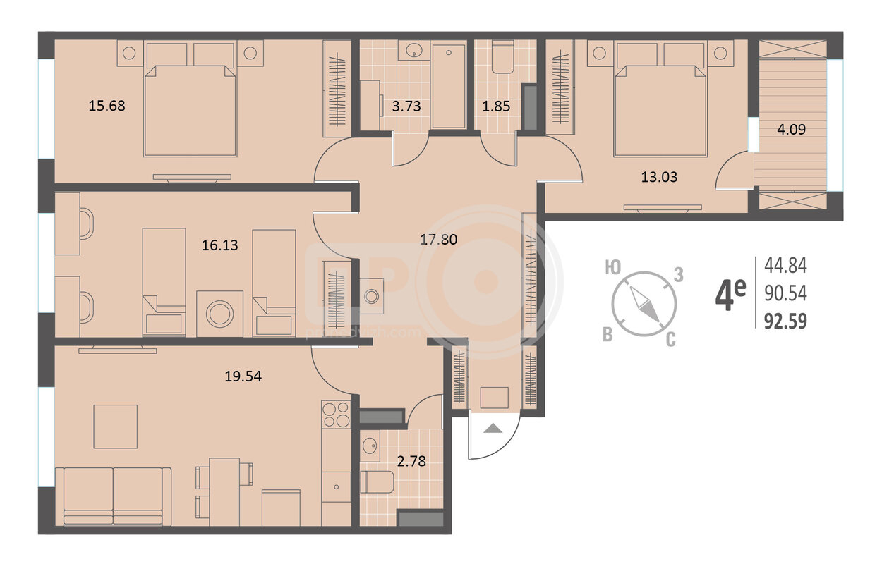 3-комнатная квартира, 92.59кв.м