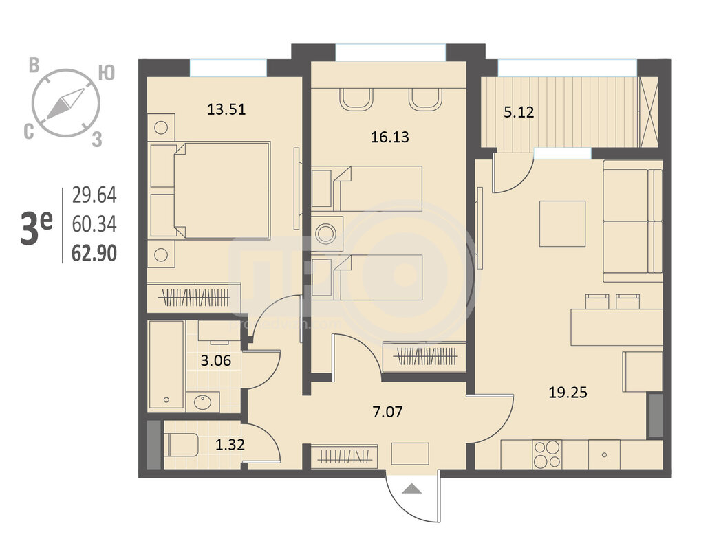 2-комнатная квартира, 62.9кв.м
