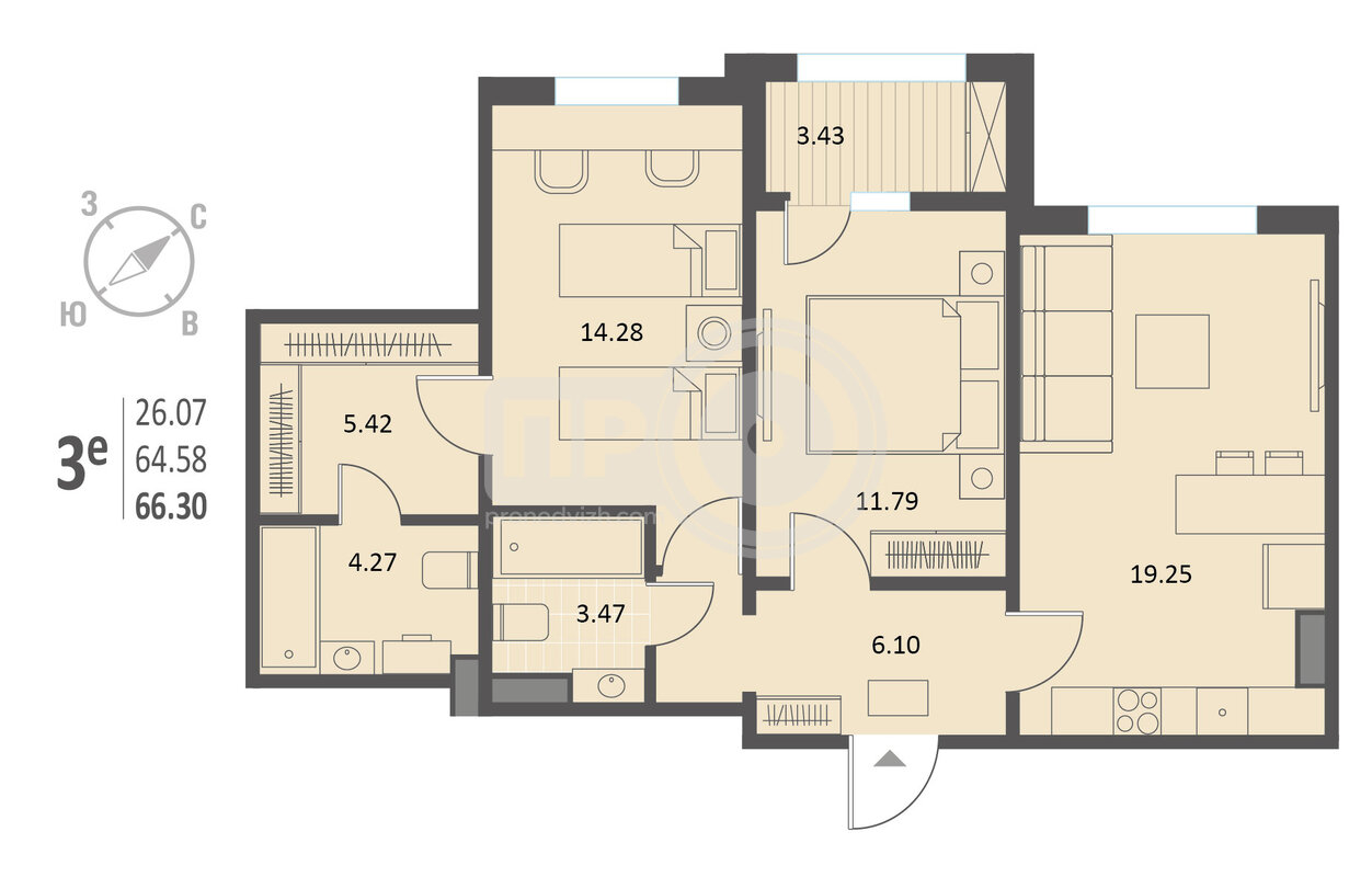 2-комнатная квартира, 66.3кв.м