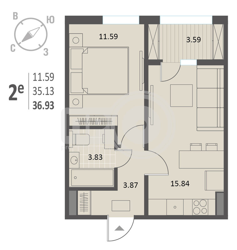 1-комнатная квартира, 36.93кв.м