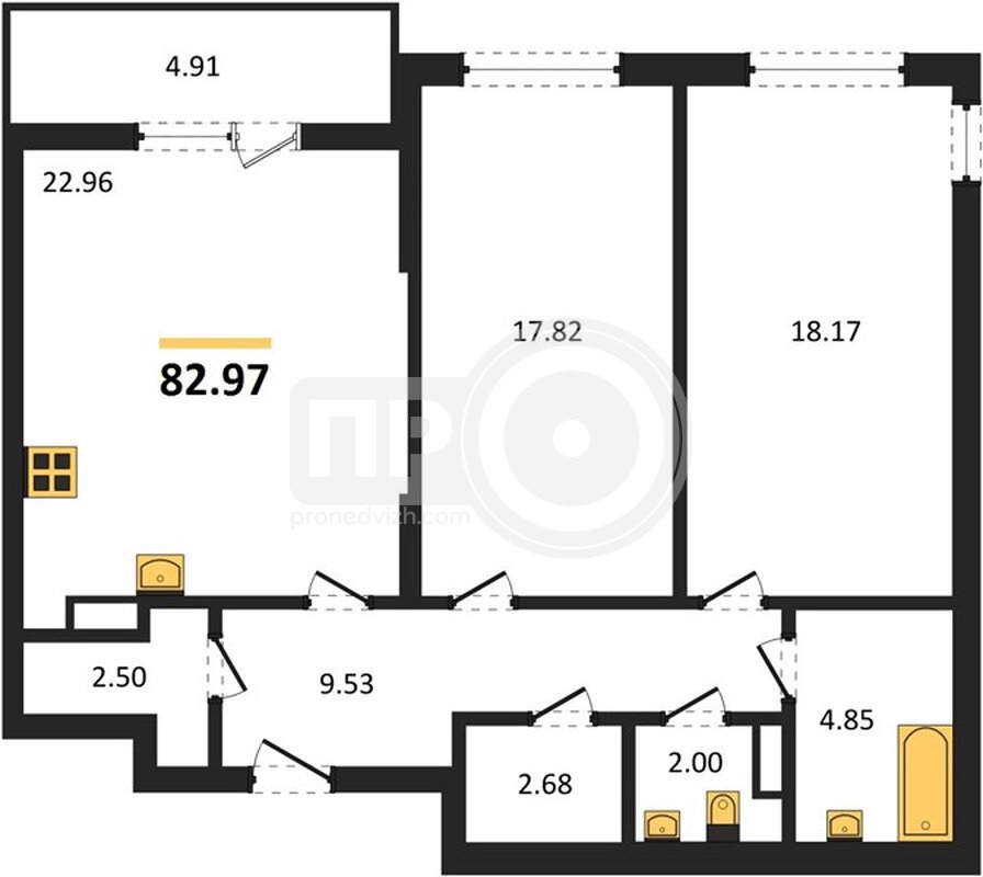 2-комнатная квартира, 82.97кв.м