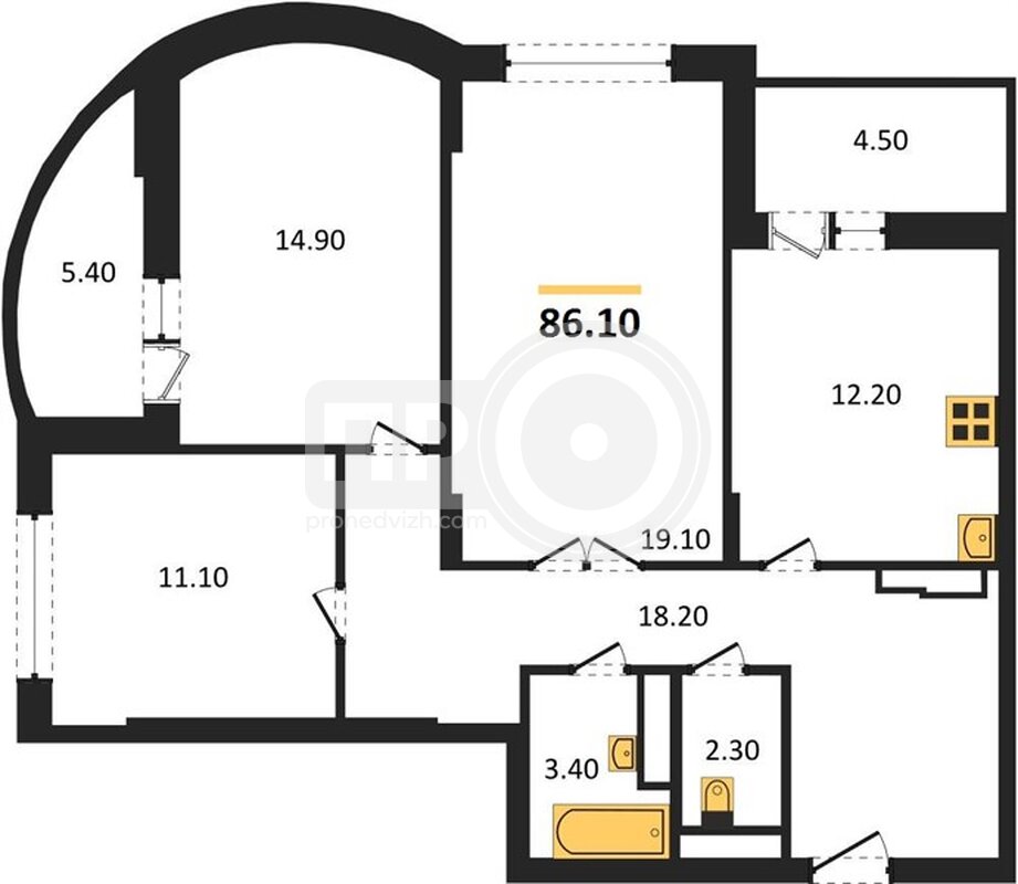 3-комнатная квартира, 86.1кв.м