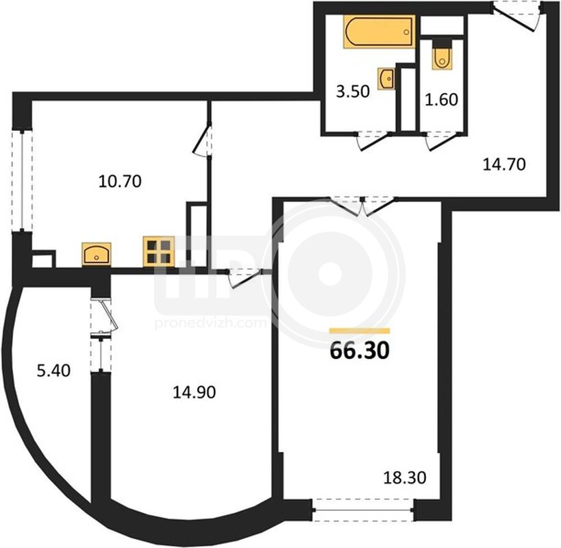 2-комнатная квартира, 66.3кв.м