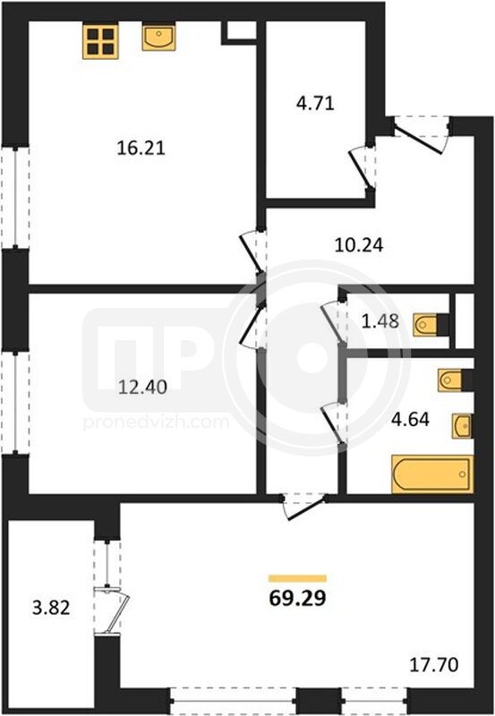 2-комнатная квартира, 69.29кв.м