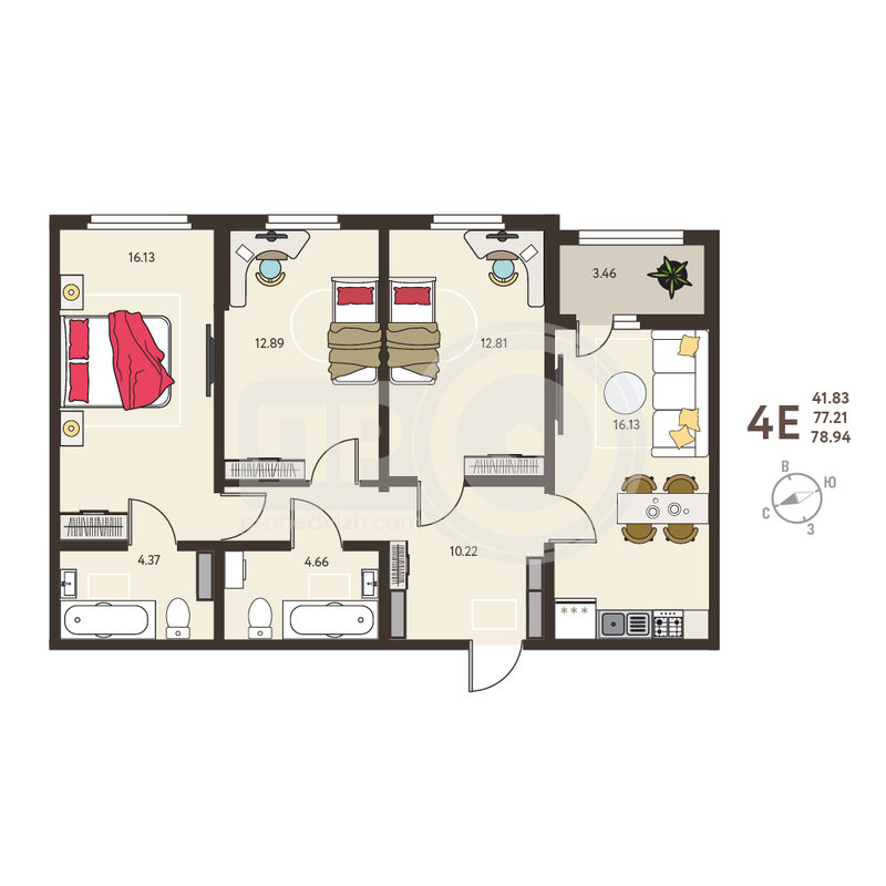3-комнатная квартира, 78.94кв.м