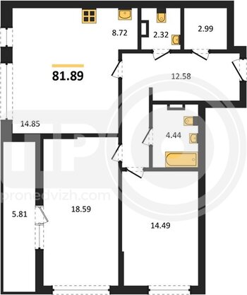 Миниатюра 2-комнатная квартира, 81.86кв.м