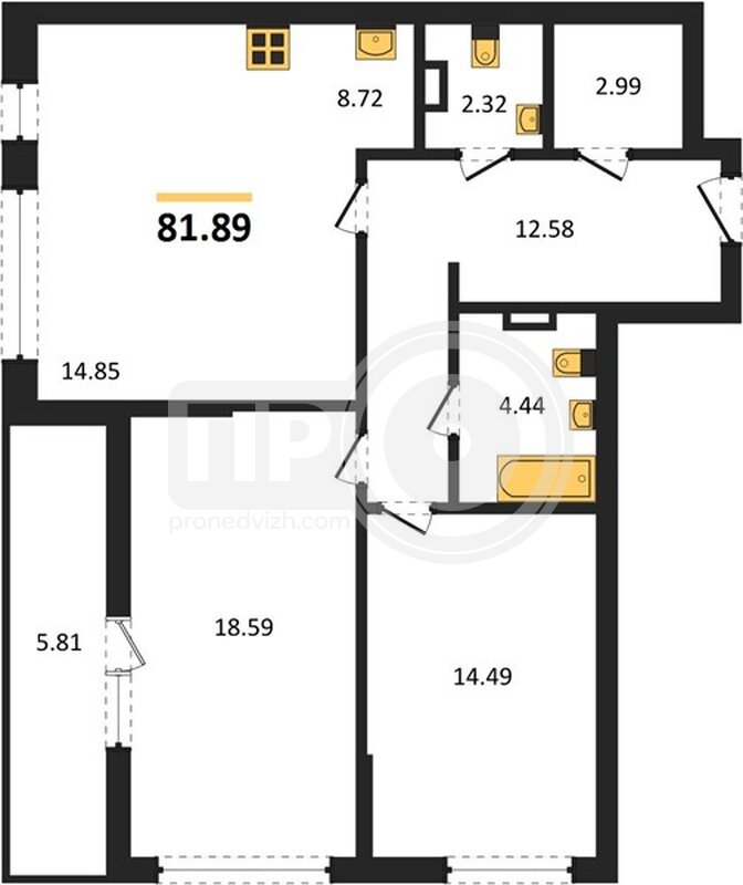 2-комнатная квартира, 81.86кв.м