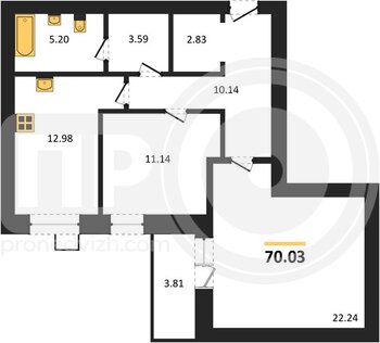 Миниатюра 2-комнатная квартира, 70.03кв.м