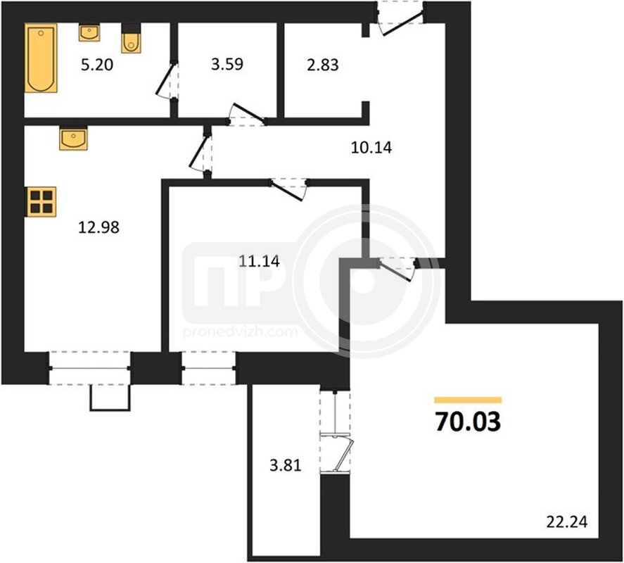 2-комнатная квартира, 70.03кв.м