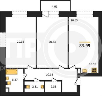 Миниатюра 2-комнатная квартира, 83.95кв.м