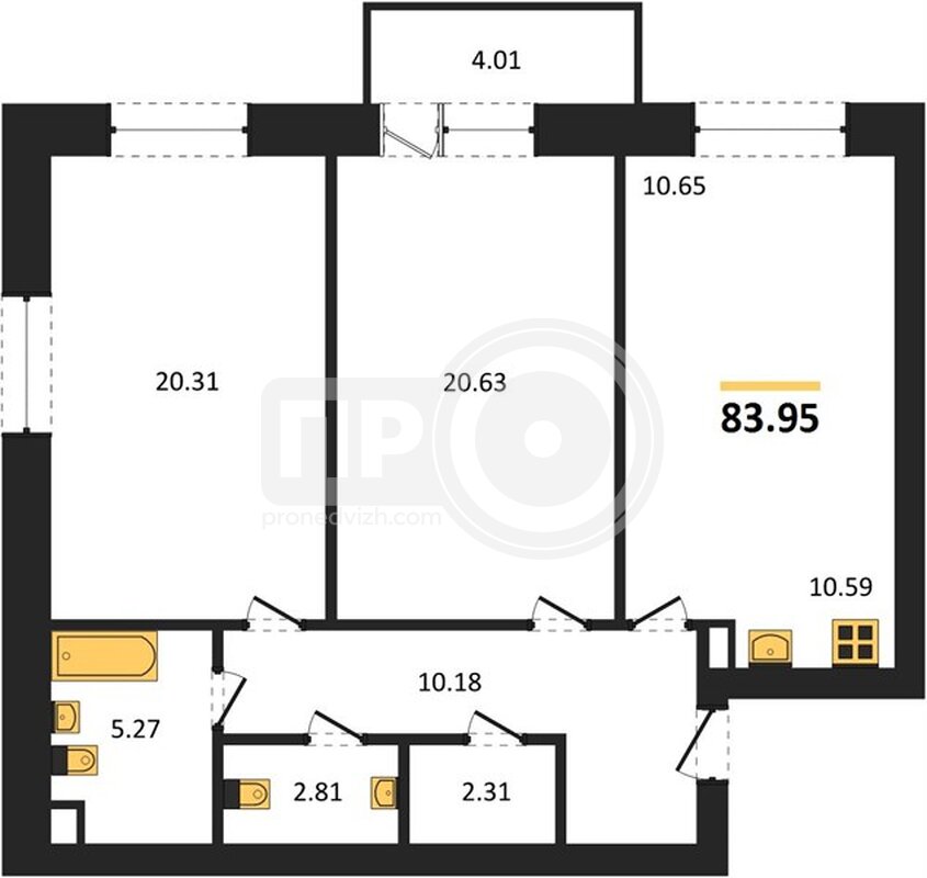 2-комнатная квартира, 83.95кв.м
