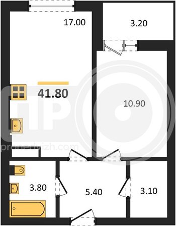 Миниатюра 1-комнатная квартира, 41.8кв.м