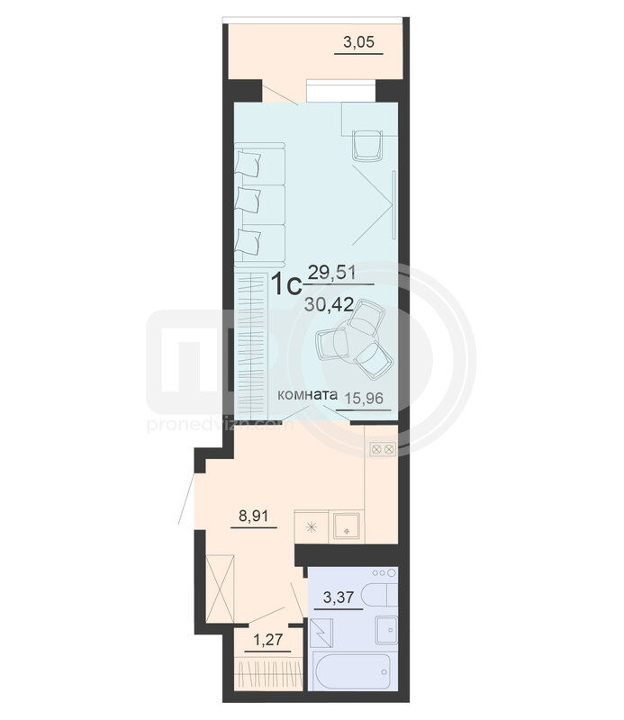 1-комнатная квартира, 30.42кв.м