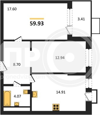 Миниатюра 2-комнатная квартира, 59.93кв.м
