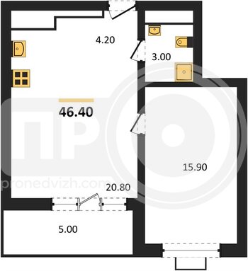Миниатюра 1-комнатная квартира, 46.4кв.м