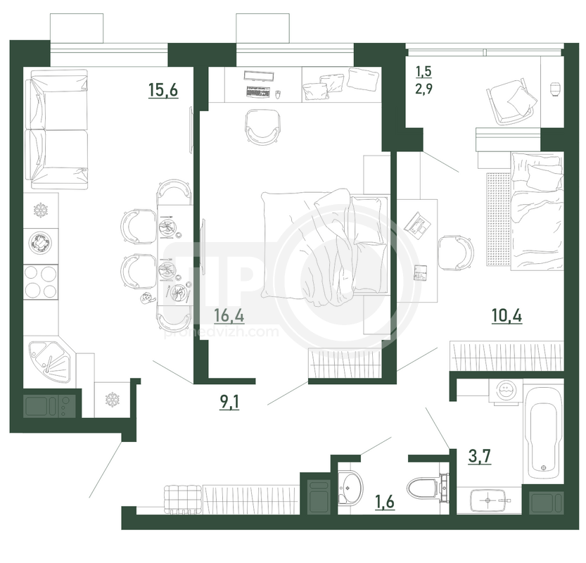 2-комнатная квартира, 57.9кв.м