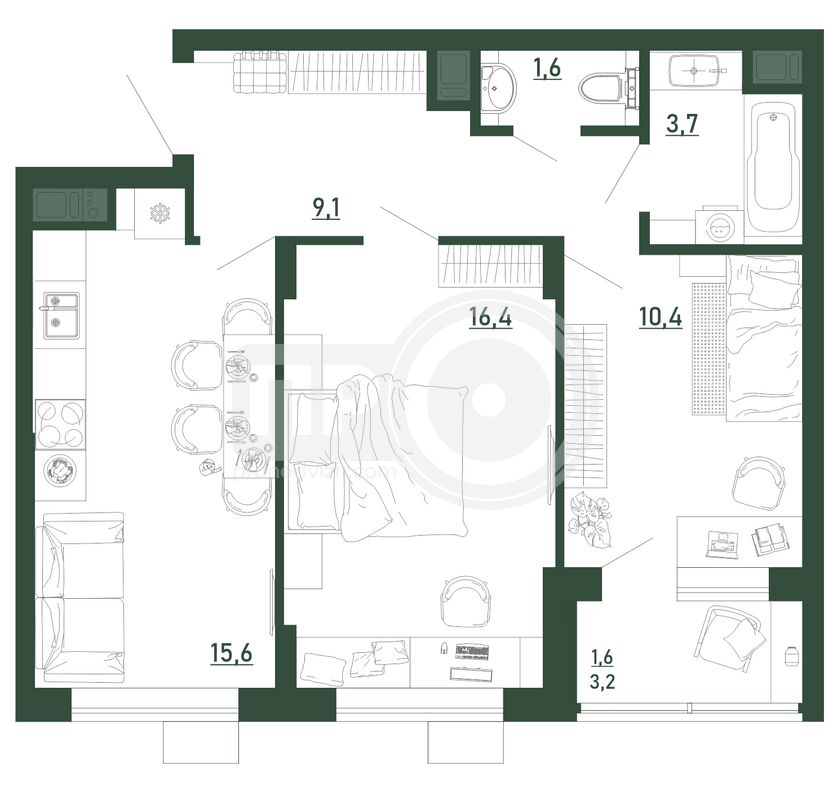 2-комнатная квартира, 58кв.м