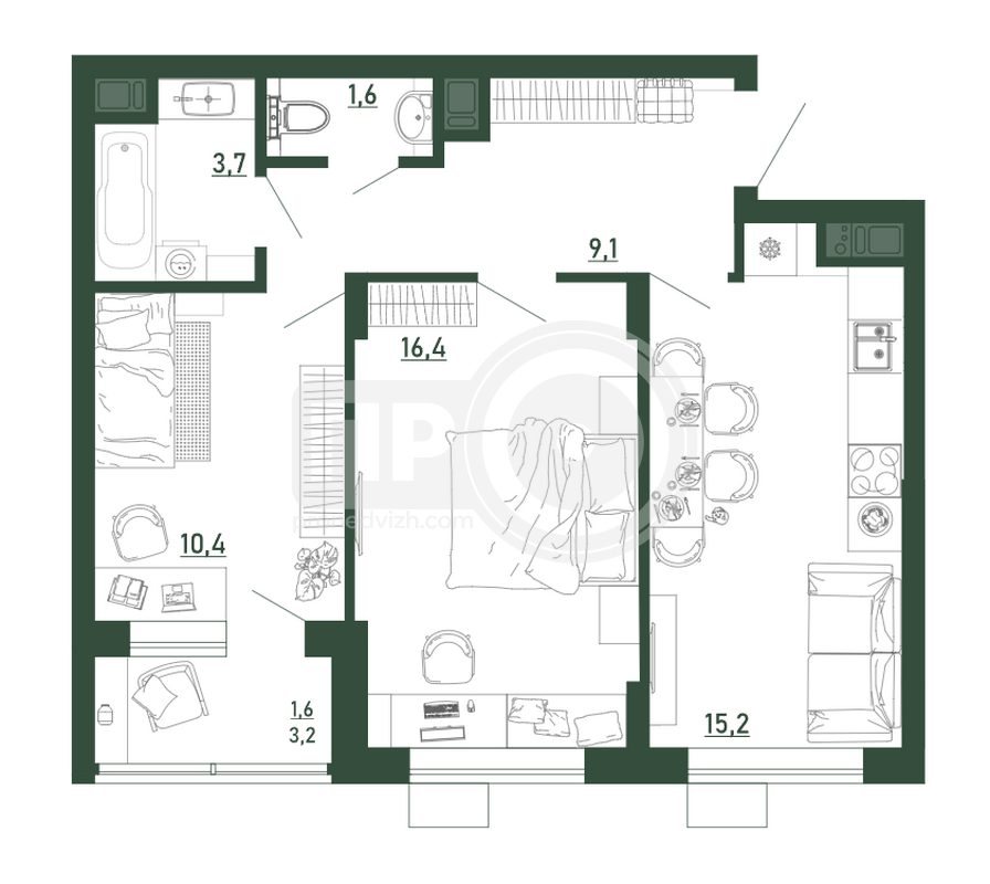 2-комнатная квартира, 58кв.м