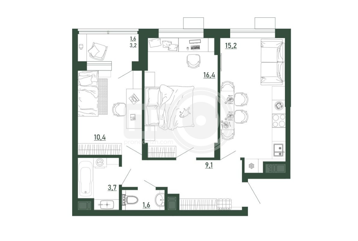 2-комнатная квартира, 58кв.м