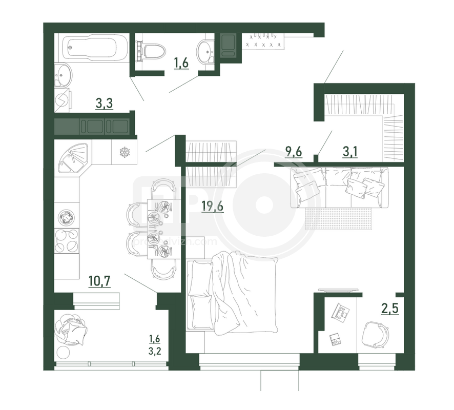 1-комнатная квартира, 52кв.м