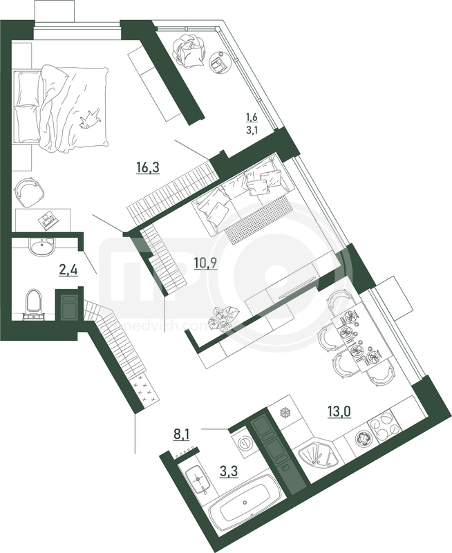 2-комнатная квартира, 55.6кв.м
