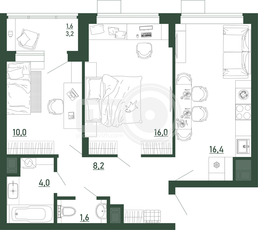 2-комнатная квартира, 57.8кв.м