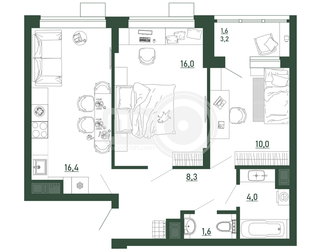 2-комнатная квартира, 57.8кв.м