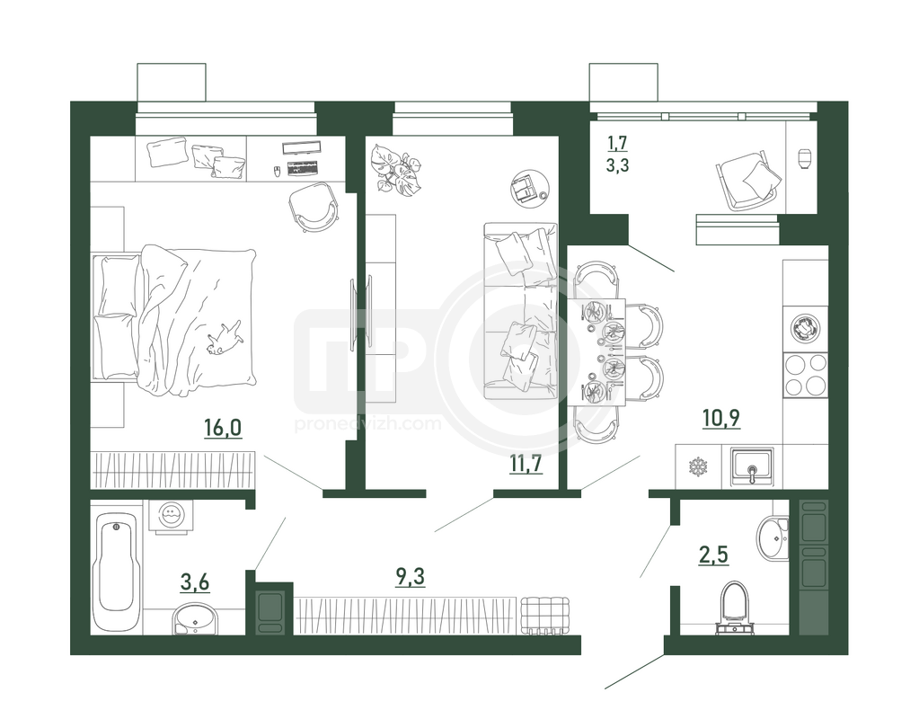 2-комнатная квартира, 55.6кв.м