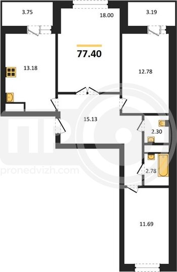 Миниатюра 3-комнатная квартира, 77.4кв.м