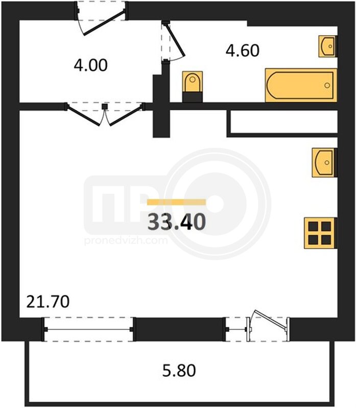 1-комнатная квартира, 33.4кв.м