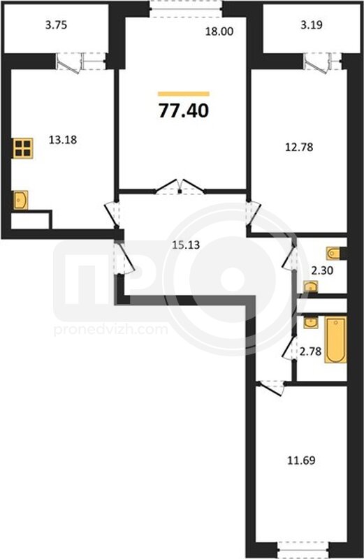 3-комнатная квартира, 77.4кв.м