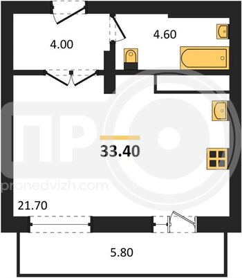 Миниатюра 1-комнатная квартира, 33.4кв.м